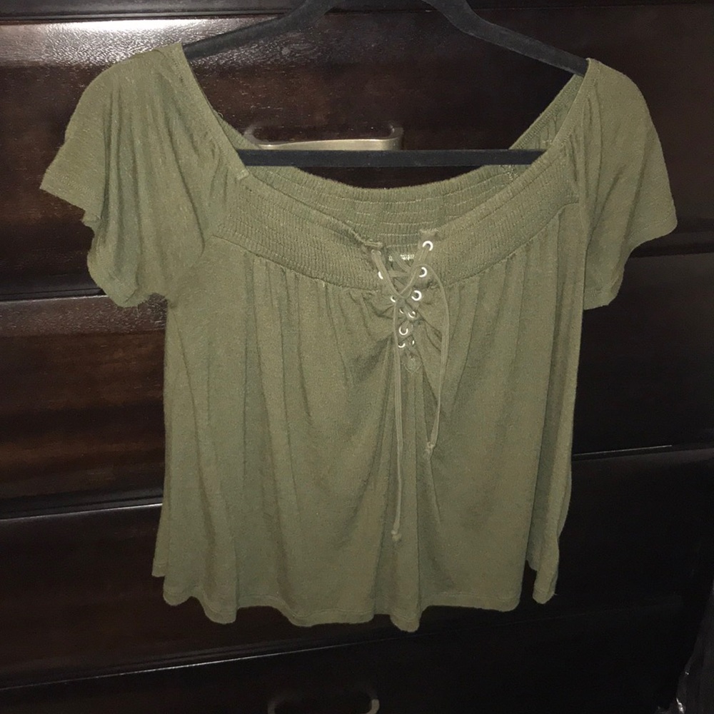 forest green lace up off the shoulder